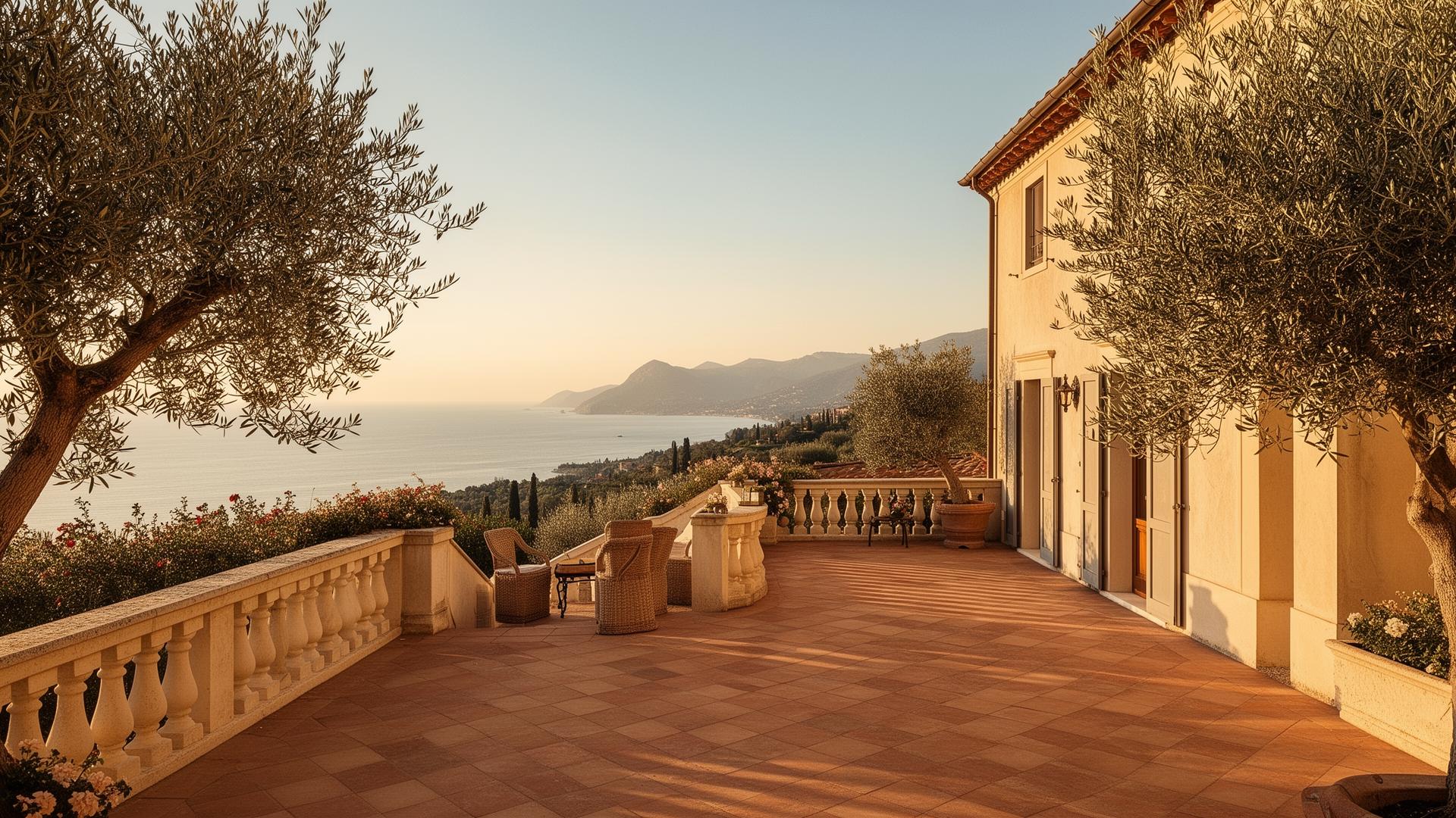 Italian villa terrace at golden hour